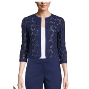 NWT Anne Klein Navy Dark Blue Broderie Cropped Lace Cardigan Size 2